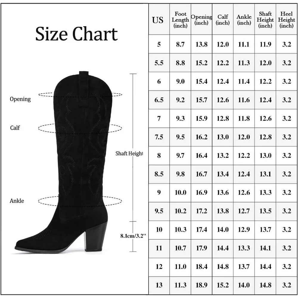 Women Black Suede Western Knee High Cowgirl Boots with Side Zipper Retro Pointed